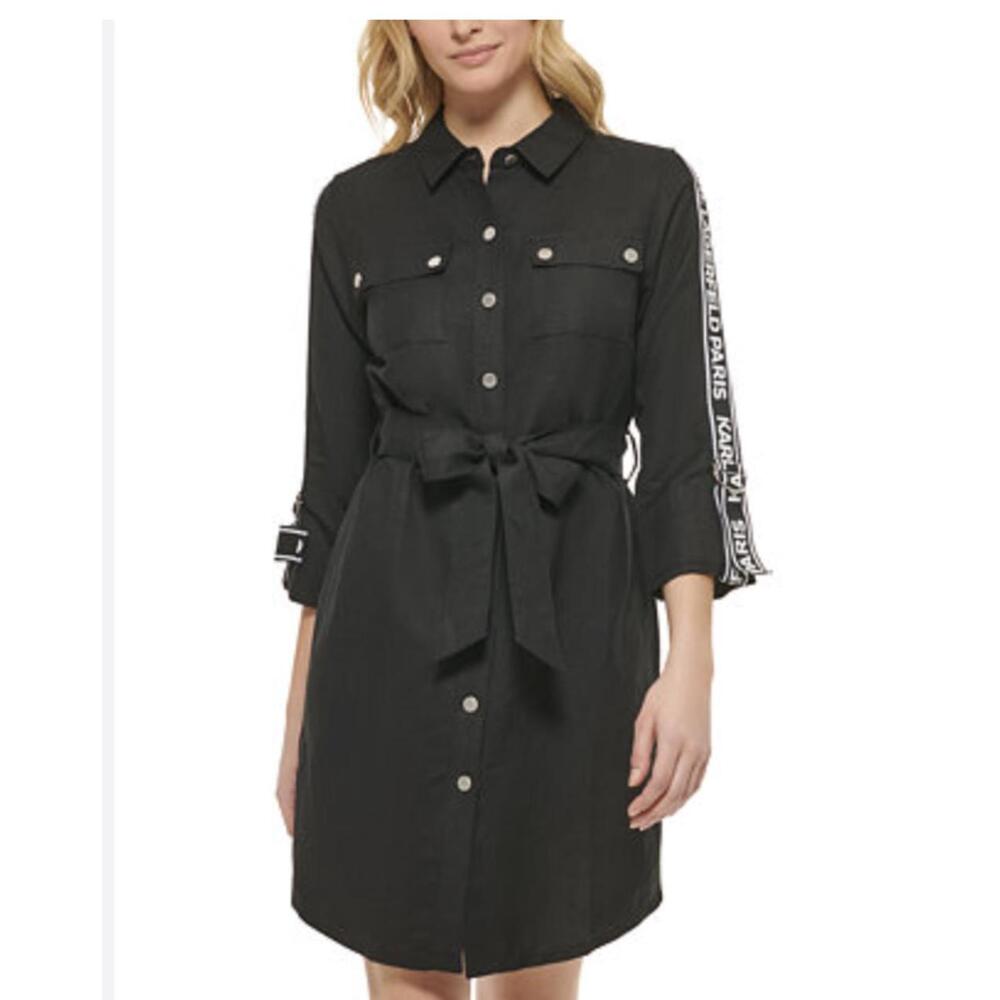 Karl Lagerfeld Paris Black Button-Up Shirt Dress with Logo Tape Sleeves Size 4